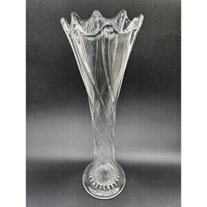 Vintage‎ Dugan Swung Vase Clear Ribbed Swirl Glass Trumpet Scalloped 8 Finger